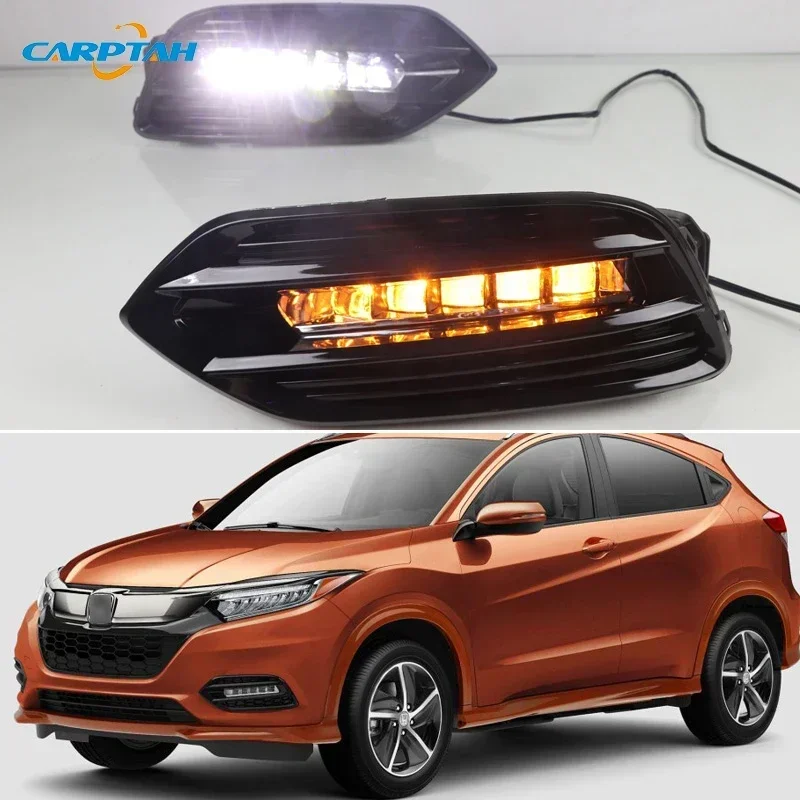 

Автомобильные светодиодные DRL дневные фонари для Honda HRV HR-V Vezel 2019 2020, желтые указатели поворота, дневные ходовые фары, автосторонние лампы, противотуманные фары