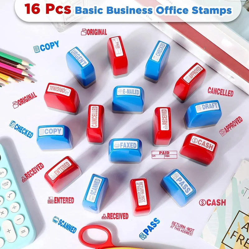 16 Pcs Self Inking Rubber Stamp Set For Office Stamps Approved Paid Copy Faxed Scanned Stamps Message Account Stamps Easy To Use