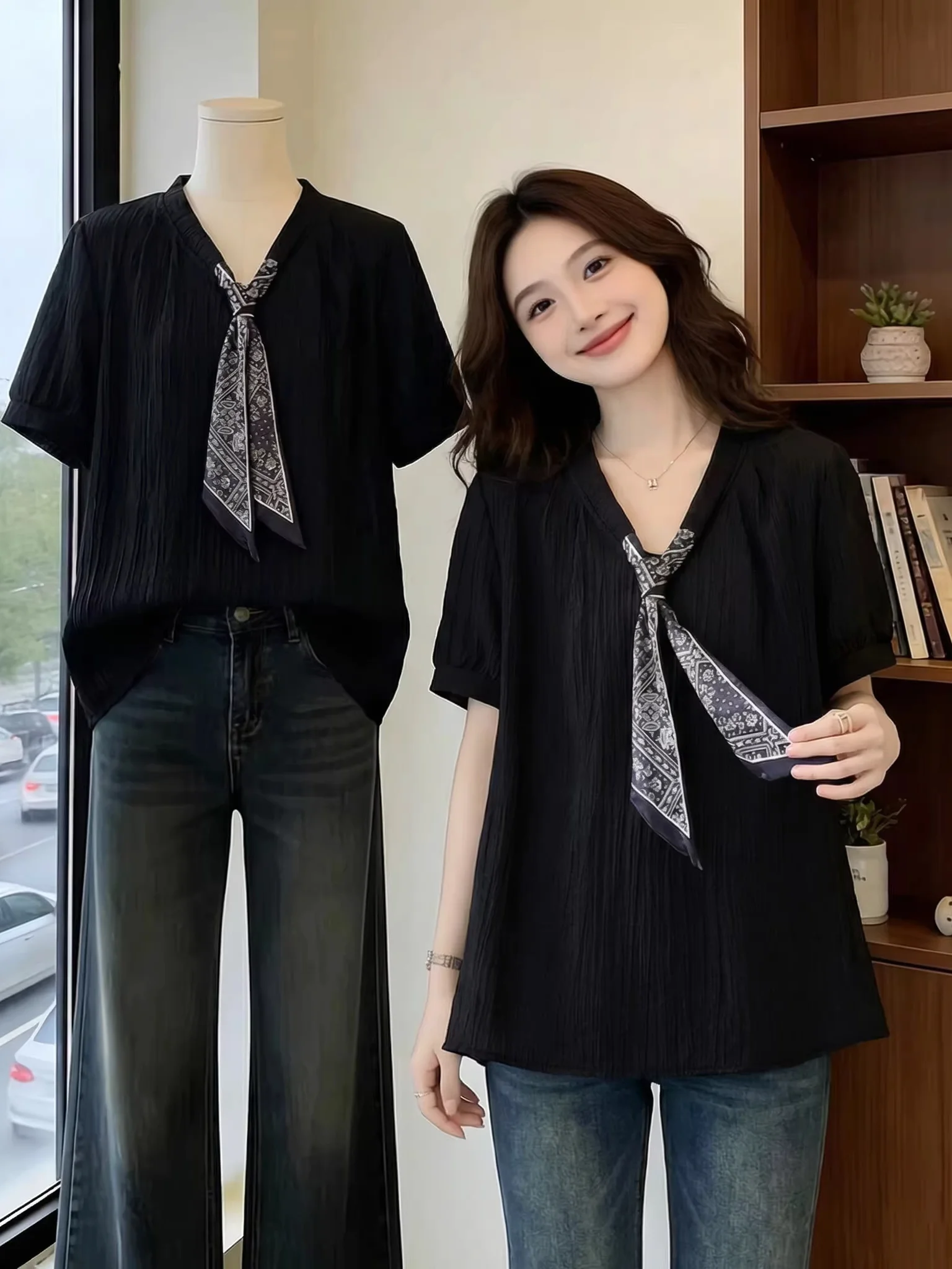 

Elegant Black V-Neck Short Sleeve Shirt Women's plus Size Ethnic Style Silk Scarf Tie Top Korean Style Commute Wind Loose Fit
