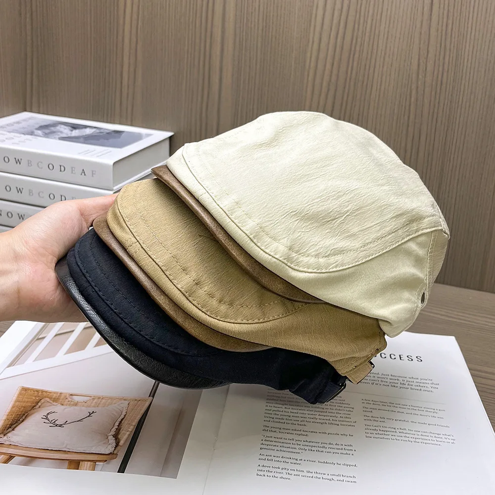 

Unisex British Style PU Summer Forward Beret Hat For Women Solid Retro Vintage Best Matched Painter Cap Men Outdoor Bonnet Caps