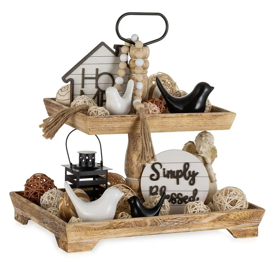 

Tiered Tray for Table Decor 2 Tier Serving Stand Farmhouse Decorative Tray for Coffee Bar Centerpiece Rectangle Wood Display St