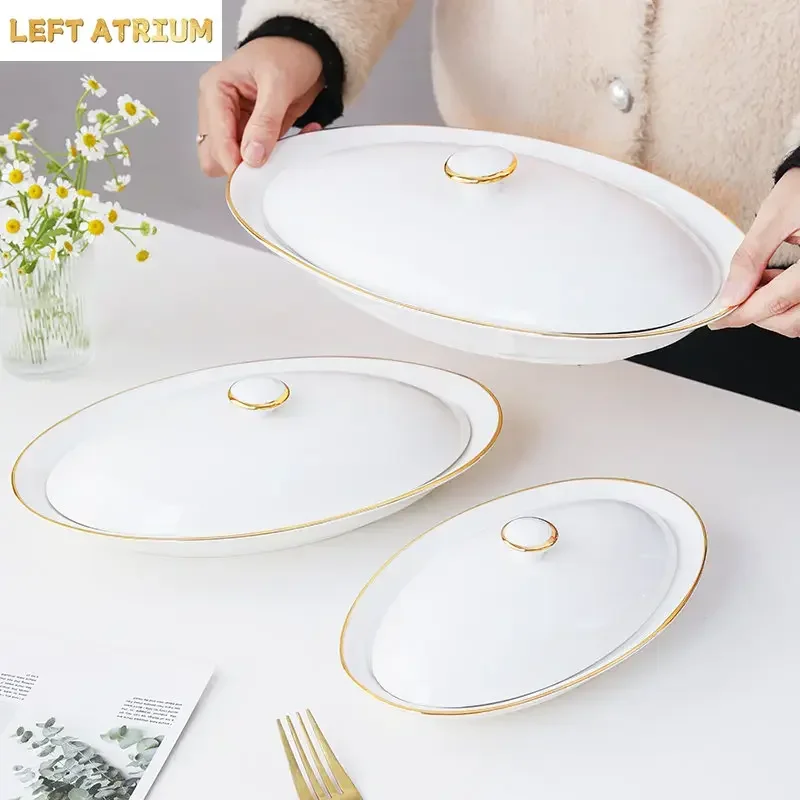 Steamed Fish Plate Oval Plate Abalone Juice Dish Sea Cucumber Plate Ceramic Dinnerware with Lid Hotel Restaurant Dishes