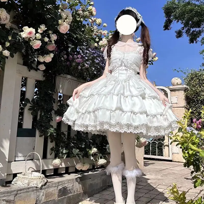 

MAGOGO Summer Classical Elegant Strap Dress Women Lolita Soft Girl Solid Kawaii Bow Trailing Lace Wedding Tea Party JSK Dress