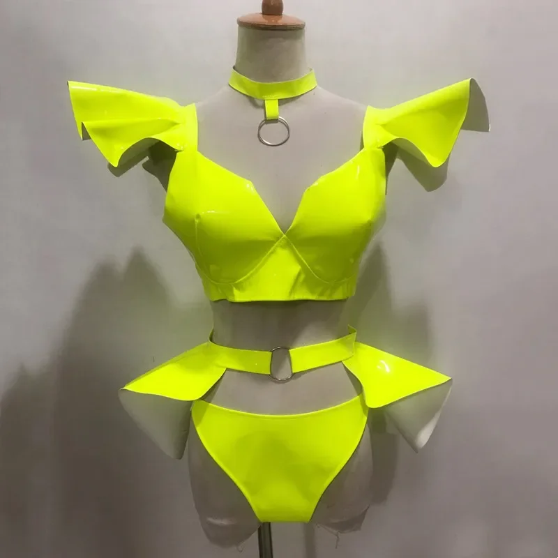 Zilveren Lakleren Bikini Minirok Festival Party Show Rave Dance Outfit Fluorescerend Geel Sexy Podiumkostuum