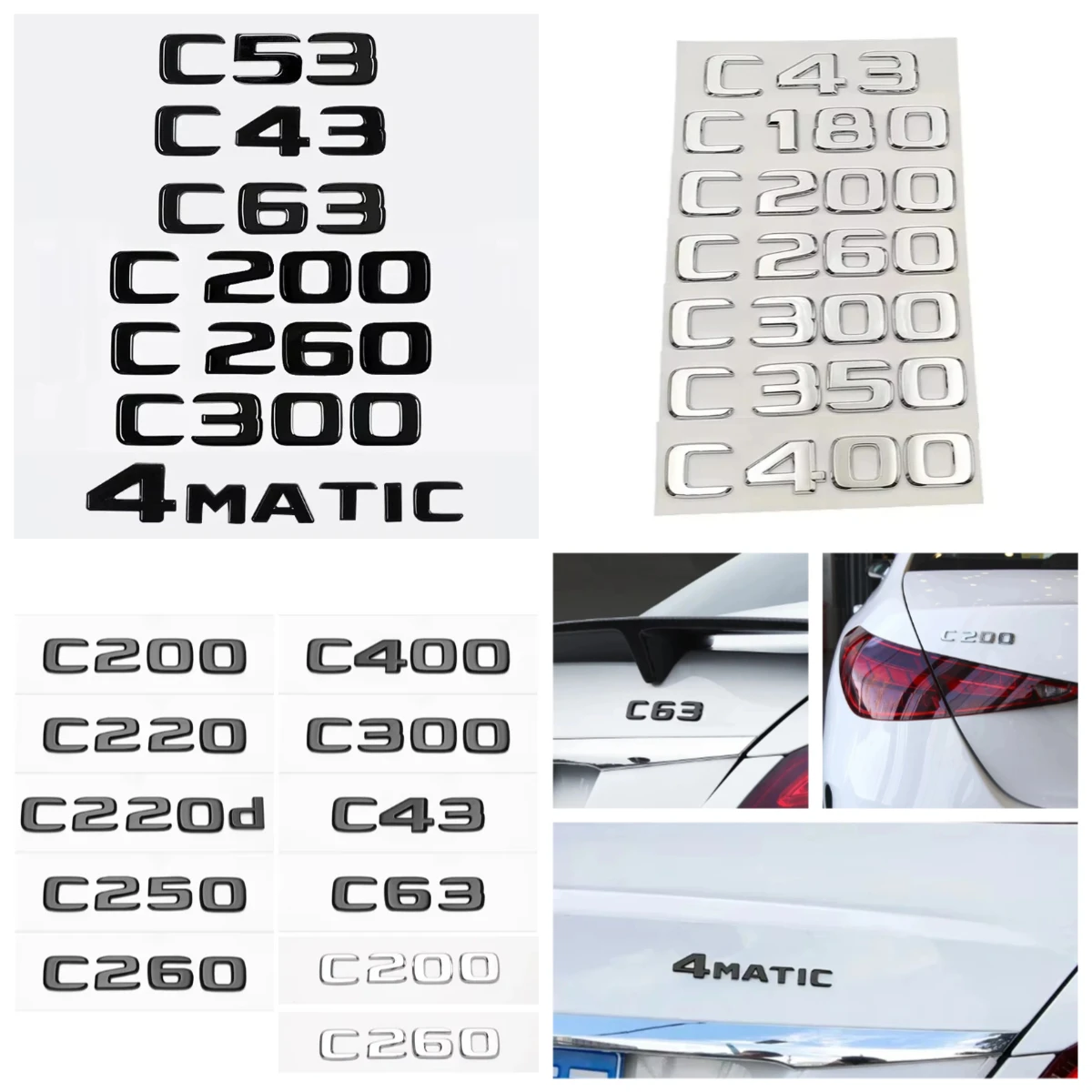 

Car Sticker For Mercedes C Class 4Matic ABS Car Rear Tail Trunk Letters Emblem Badge Sticker W204 W205 C180 C220d C63 C200 C300
