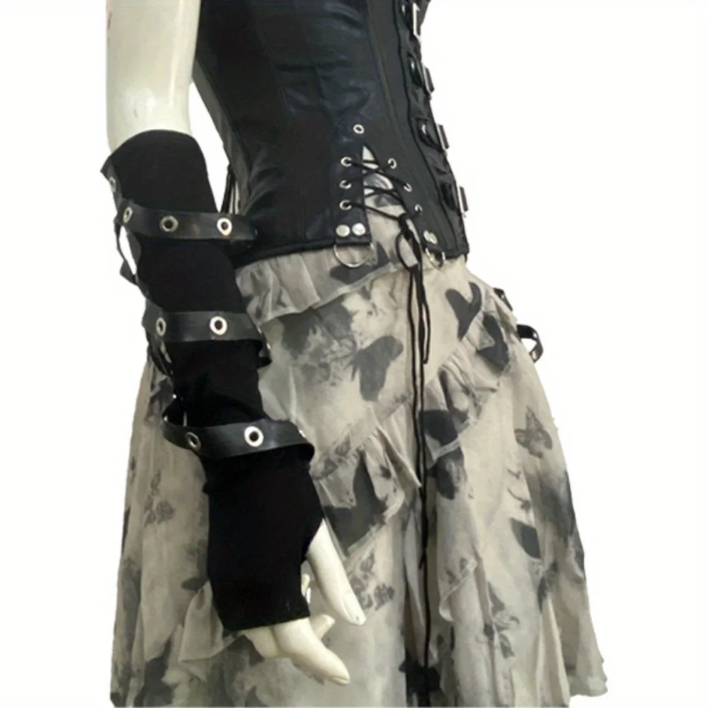 Luvas femininas de PU – Anel – Mangas de braço estilo escuro adornadas, ideais para primavera/verão, dança de rua e roupas da moda ​