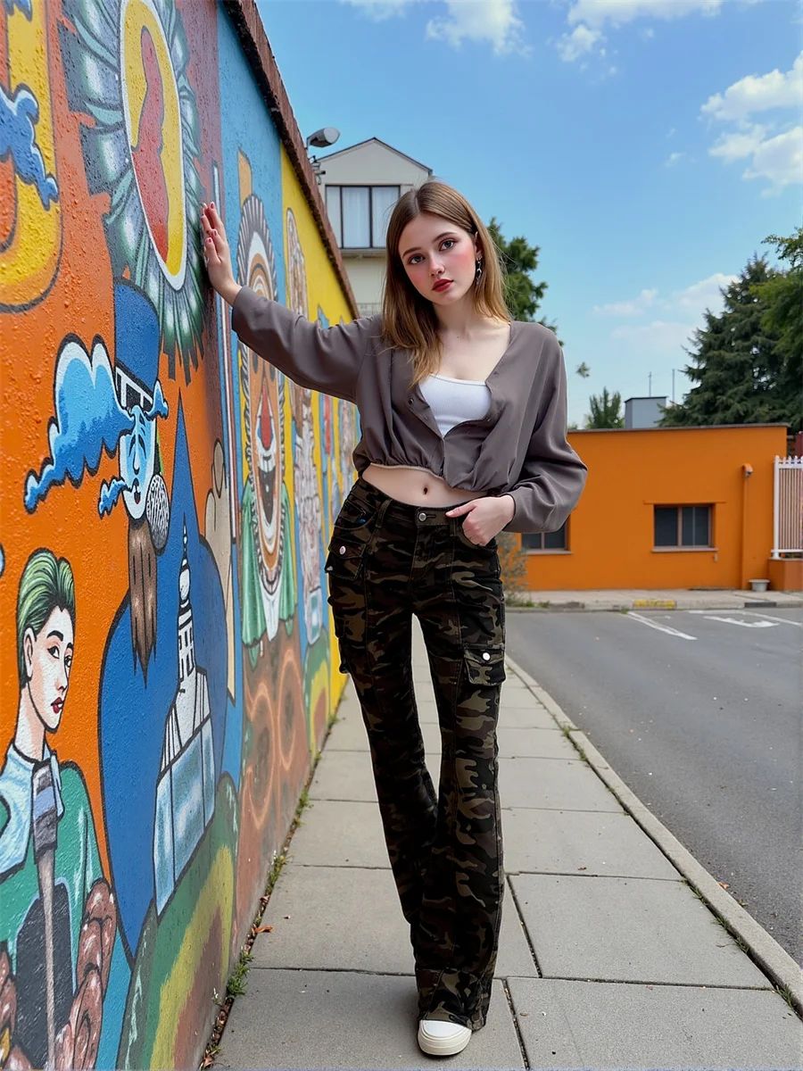 Jeans da pavimento skinny skinny mimetici da donna con gamba svasata pieghettata patchwork effetto consumato strappato a vita alta vestibilità ampia dritta