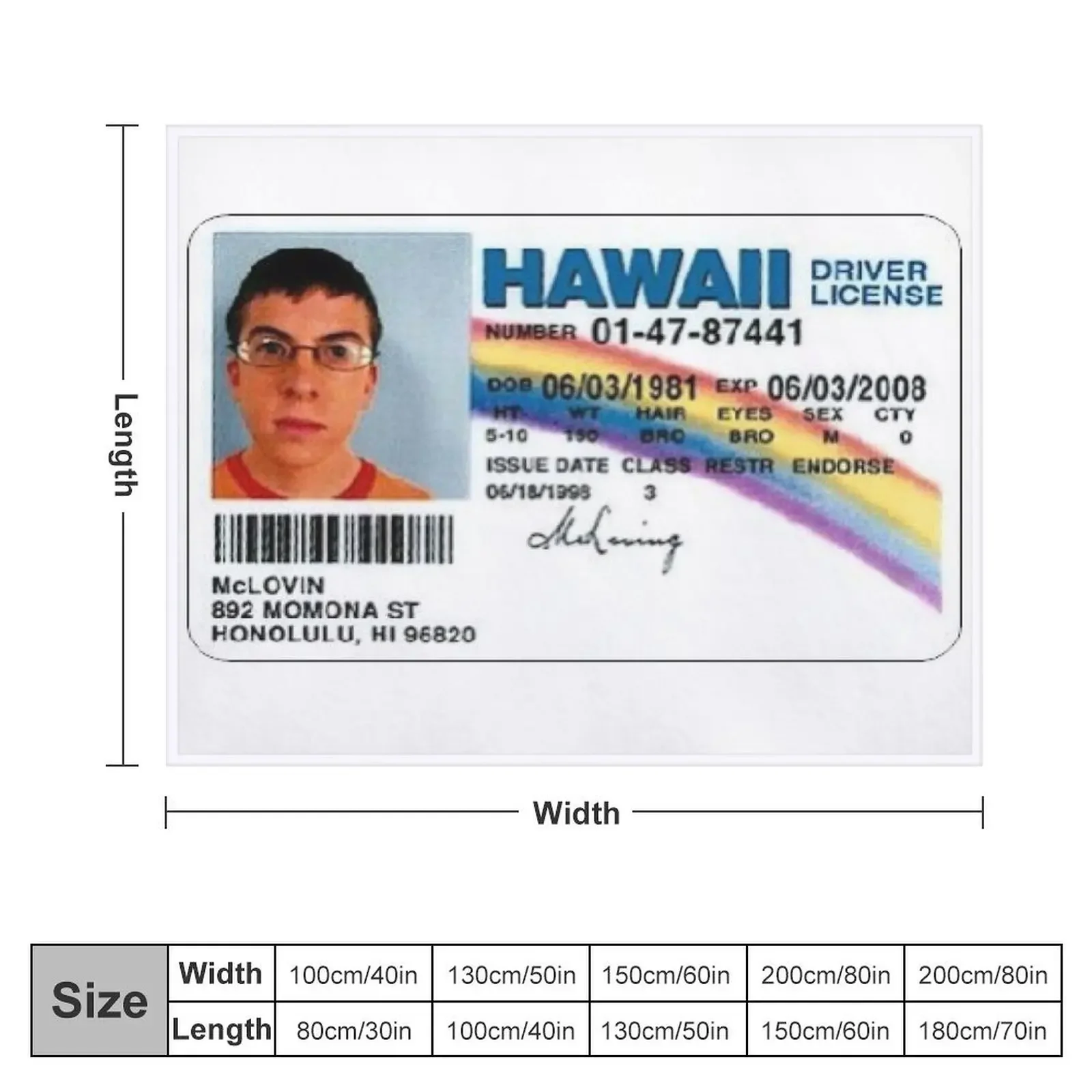 McLovin Fake I.D Throw Blanket Travel Softest cosplay anime Blankets