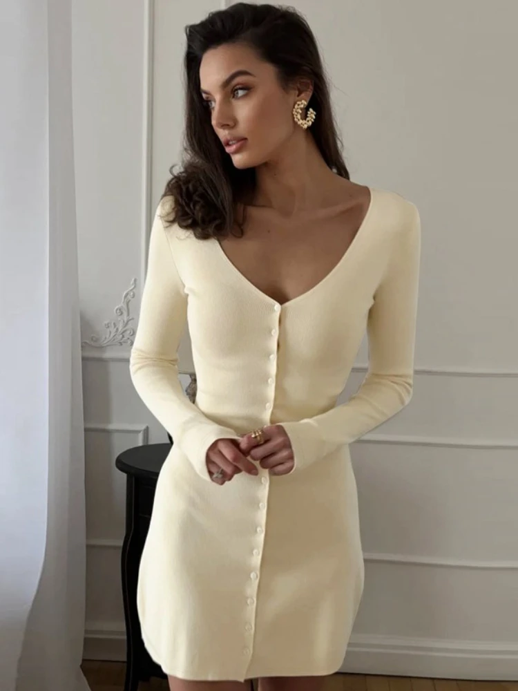 Tossy Fashion V-Neck Mini Dress For Women Long Sleeves Solid High-Waisted Charm Slim Party Dress Evening Female Mini Dress 2025