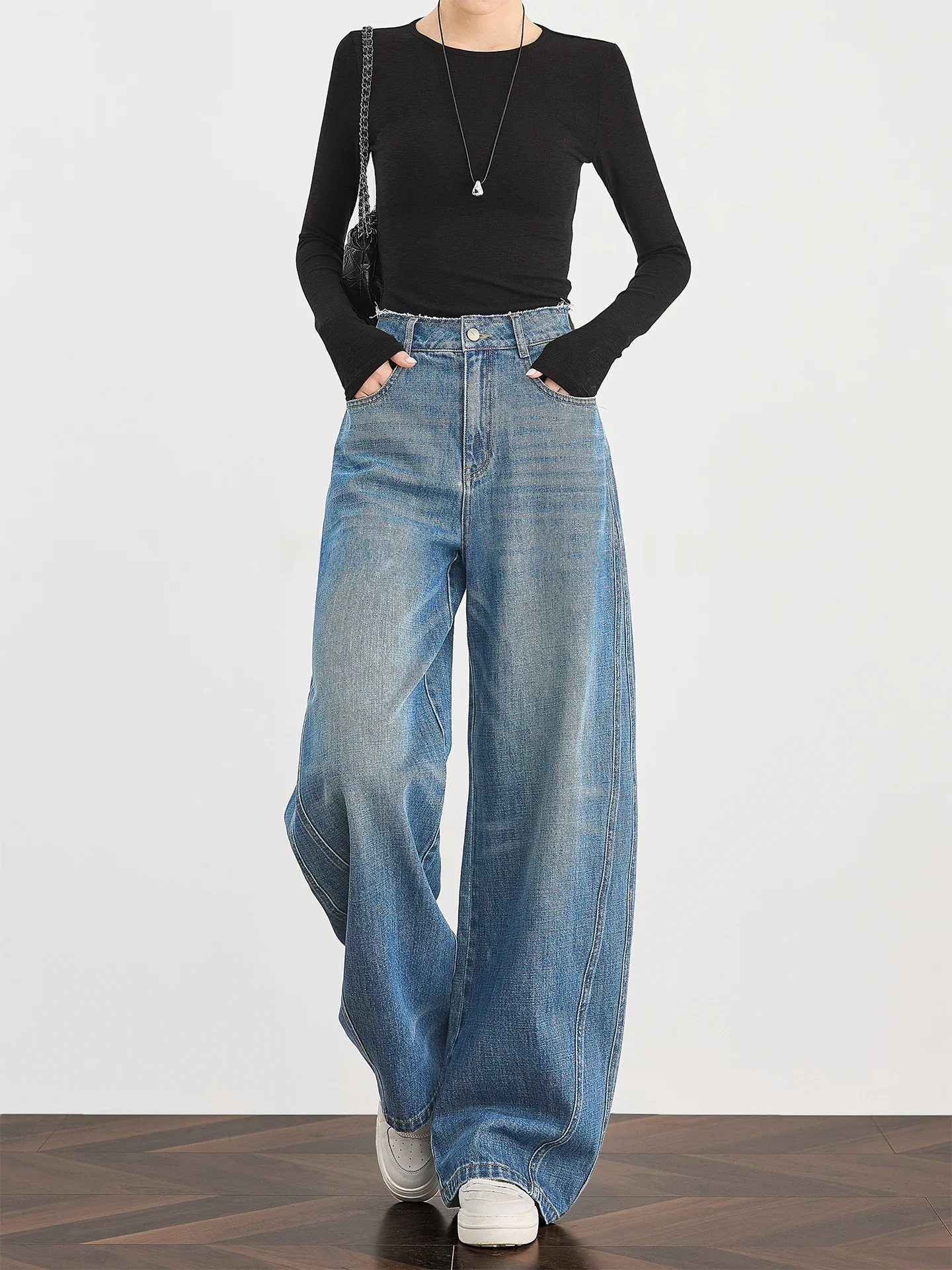 

High Waist Wide Leg Cotton Denim Pants Women's Loose Slimming Knife Jeans Korean Sle Daily Commute Blue Spring Autumn