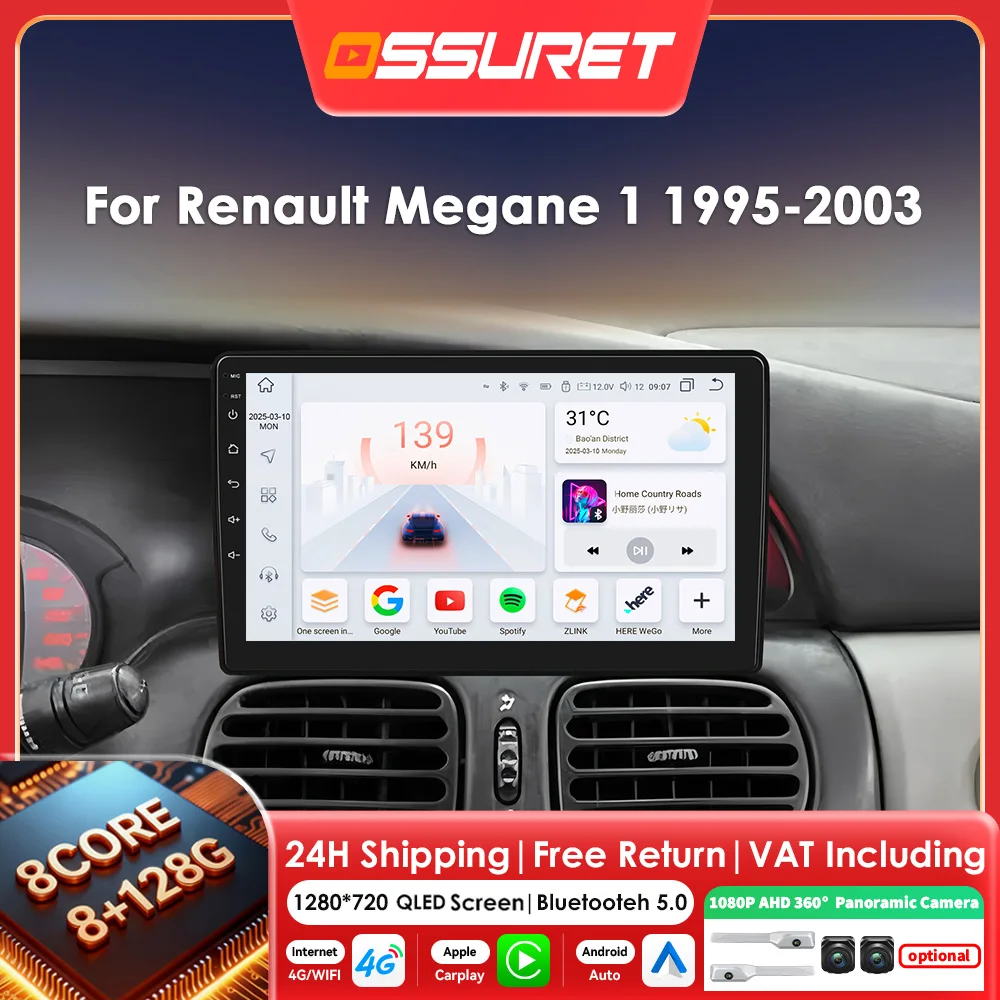 Carplay Android 14 Autoradio für Renault Megane 1 1995 1996 - 2003 Multimedia-Player GPS 360 Kamera Intelligenter Bildschirm RDS SWC
