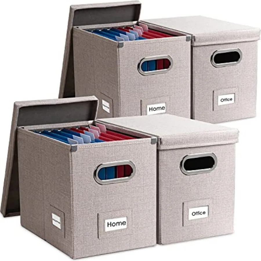 

File Organizer Box - Set of 4 Collapsible Decorative Linen Filing Storage Hanging File Folders with Lids Office Cabinet Letter