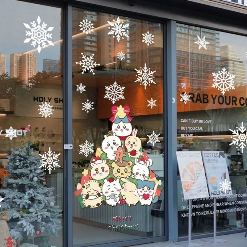 2025 New Year Anime Kawaii Hachiware Usagi Christmas Decoration Milk Tea Shop Christmas Tree Chiikawa Window Glass Door Sticker