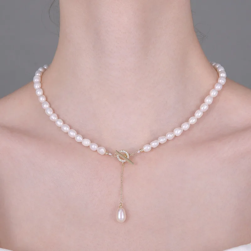 5-6mm Rice Shape Freshwater Pearl Necklaces for Women OT Buckle 37cm Length 5cm Extend Chain Tassel Necklaces