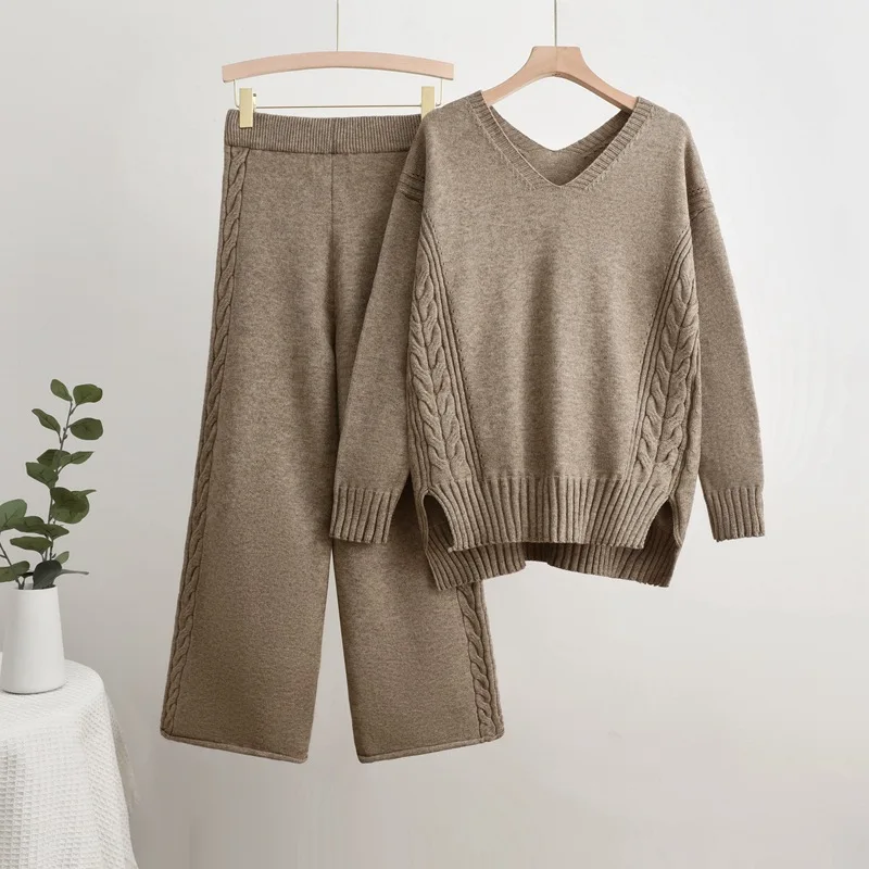 Casual Solid Knitted 2-piece Sets Women V-neck Long Sleeve Sweater Pullover Tops Conjuntos High Waist Wide Leg Pants Outfit New