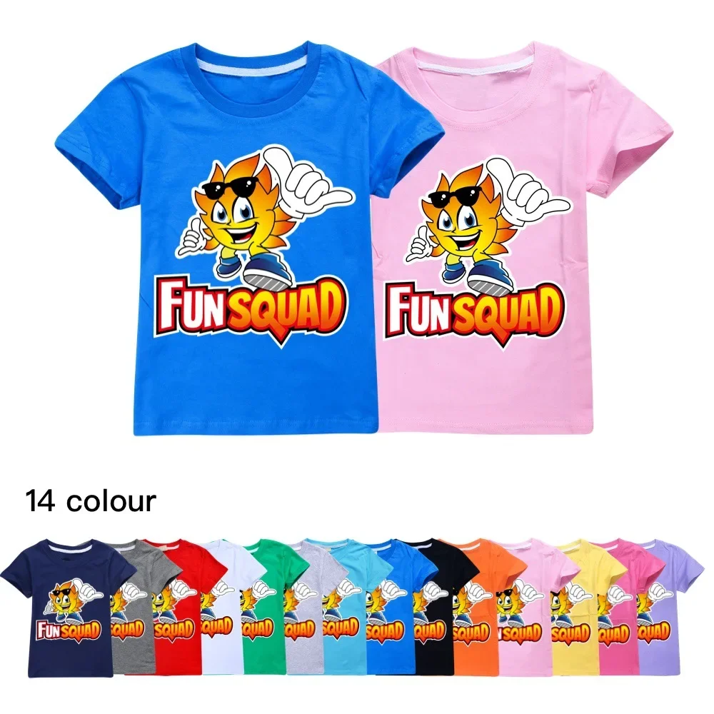 

New Fashion Boys T-shirt Girls T Shirt 2024 Summer FUN SQUAD Cotton Kids Tops Cartoon Graphic Tees Children O-neck Tshirt1038