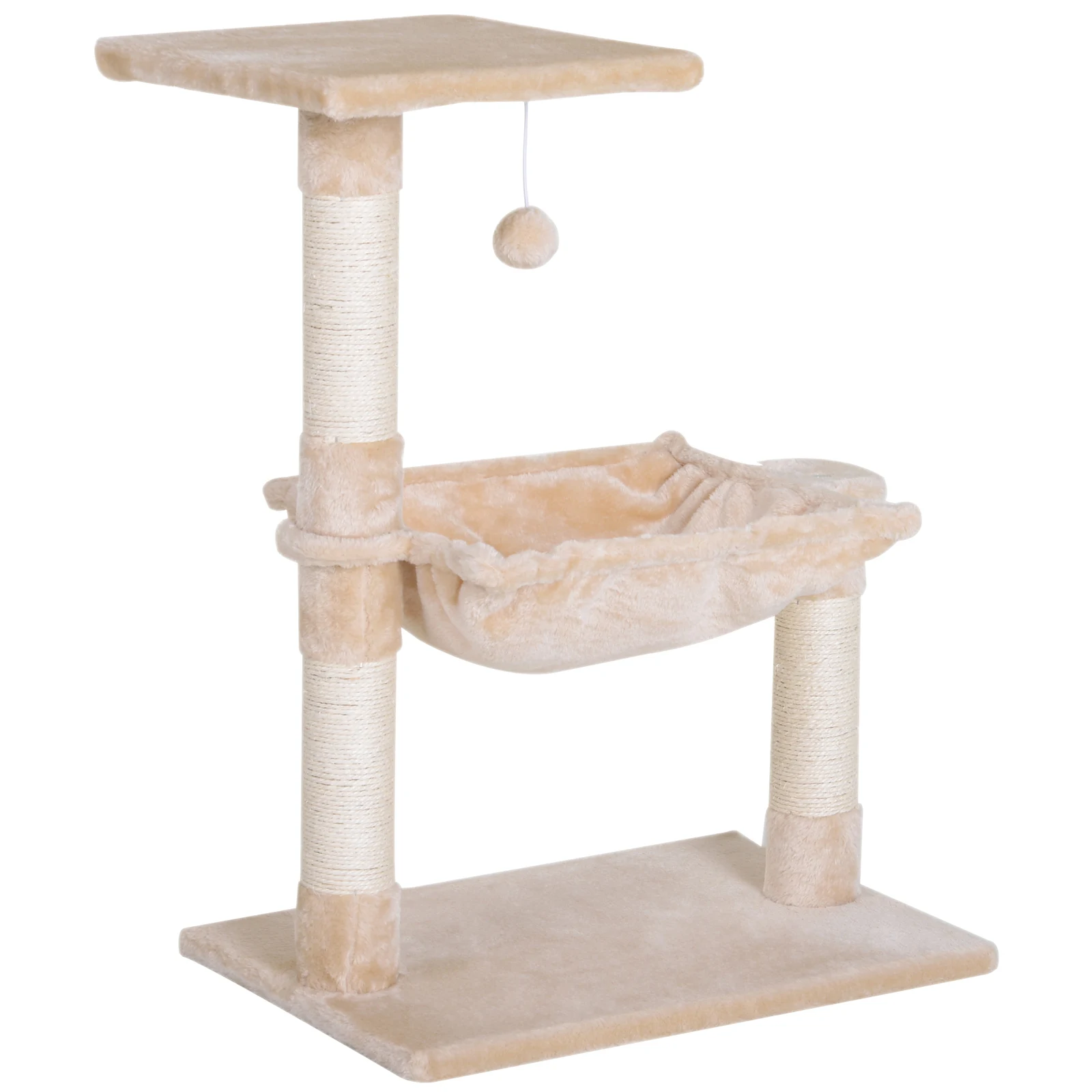 PawHut kattenboom met 3 krabpalen, sisal, natuurlijke hangmat, platform en hangende bal. 50L x 36l x 70H cm Pluche kort beige