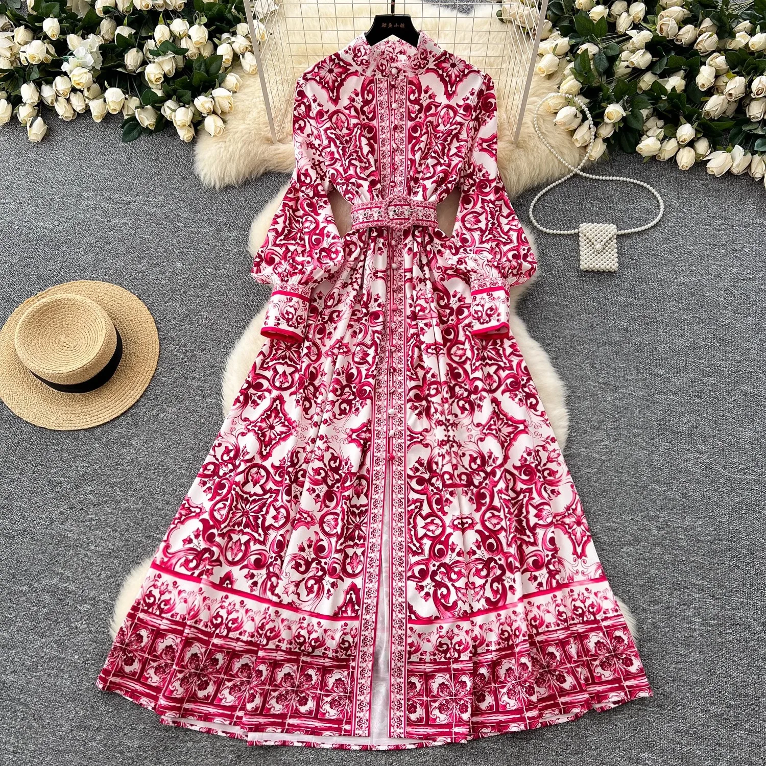 

Runway Red Blue And White Porcelain Print Holiday Maxi Dress Women's Stand Lantern Sleeve Single Breasted Belt Long Robe Vestido