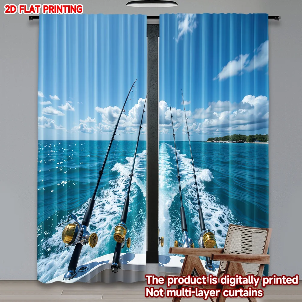 

2D flat printing 2pcs Window Treatment Curtains Fishing Rods on Ocean Digital Printed Polyester Drapes Festive Curtains Use for