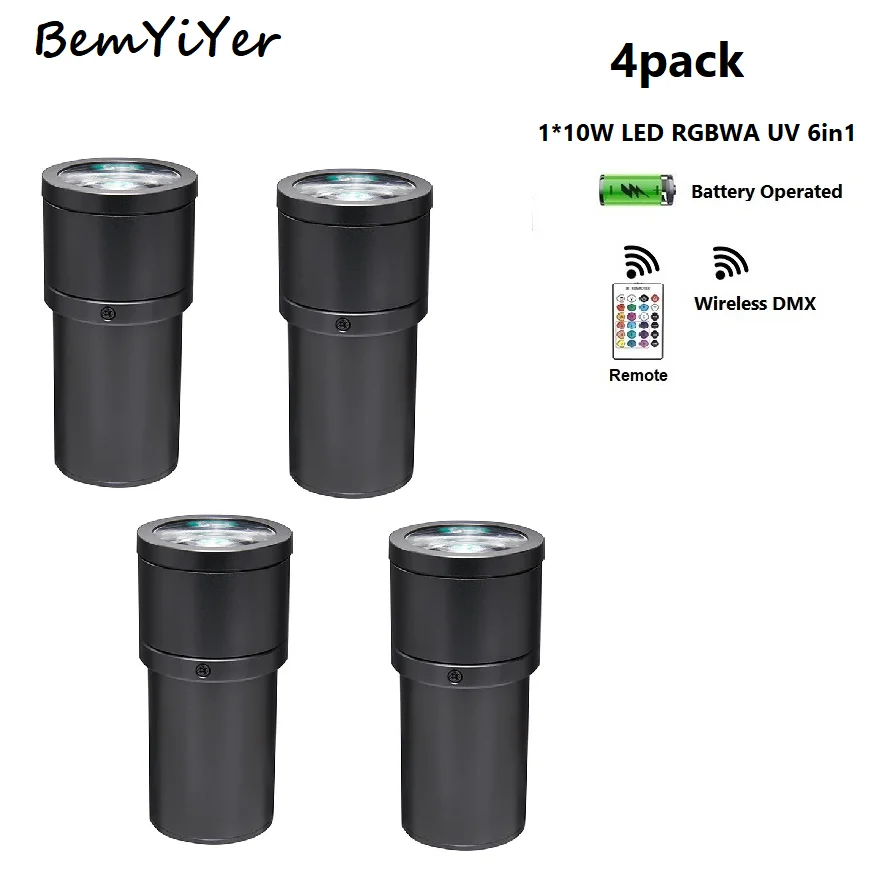 

4 упаковки BemYiYer, 10 Вт, светодиодные светильники с булавкой, беспроводные DMX, ИК-подсветка на батарейках для DJ, свадебных мероприятий/RGBWA + UV 6 в 1