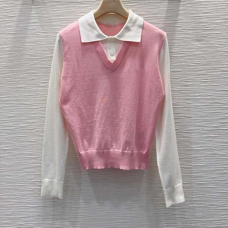 

High-quality autumn-winter new women's pullover, Korean-style sweet faux two-piece patchwork sweater 2591910