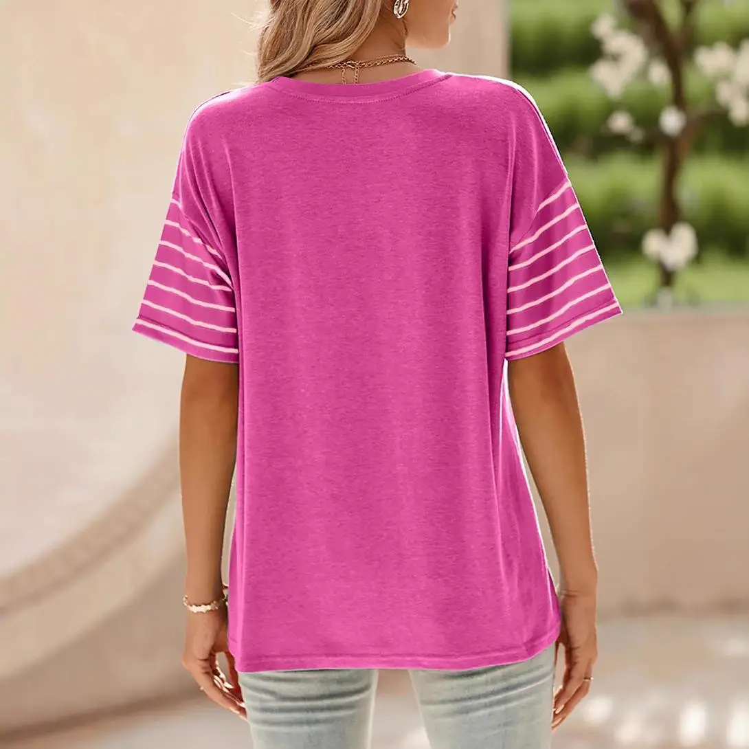 Women's round Ne ort Sve Striped T-irt Pullover Mid-Length Casual Top Polyester Fiber Spring Faion Ladies' Tee