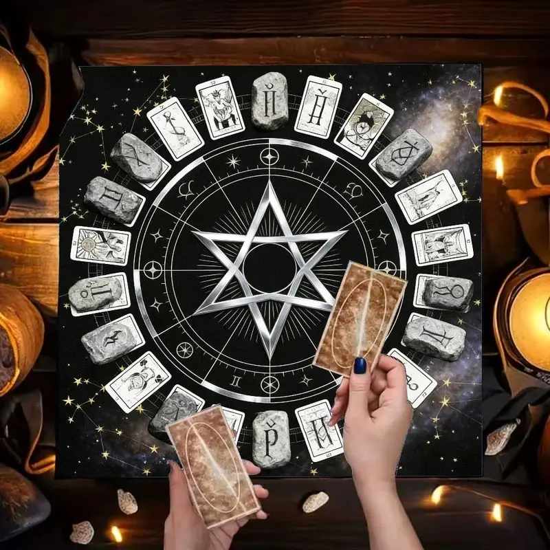 VIKAMA Rune Pentagram Tarot Table Cloth Silver Starry Sky Altar Cloth Norse Symbol Witch Divination Layout Ritual Decor Mat