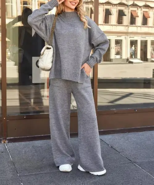 

Knitted High Collar Sweater Set for Women 2025 Autumn/Winter New Style Loose Long Sleeve Pants Knitted Set for Women