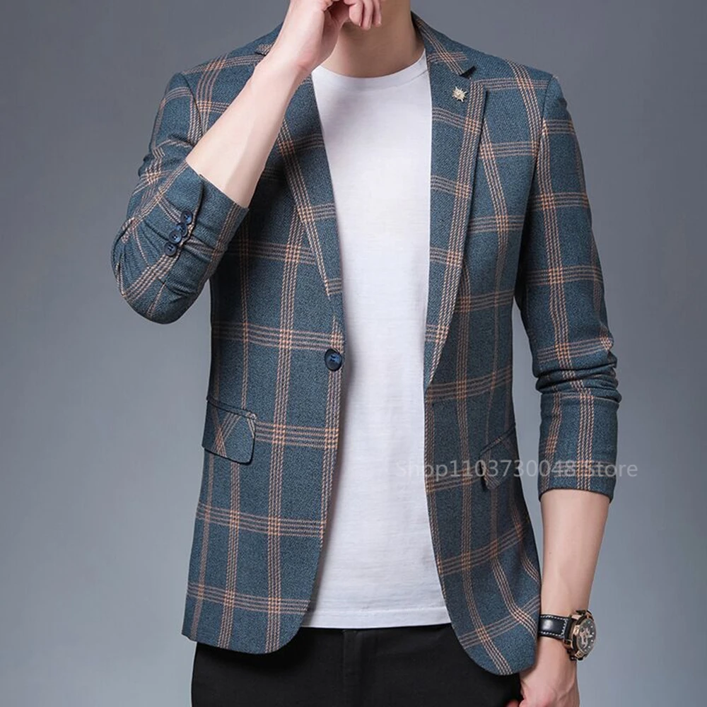 Formal Plaid Blazer for Men with Notch Lapel Single Breasted Dinner Jacket Elegant Slim Fit Suit Coat for Wedding/Business