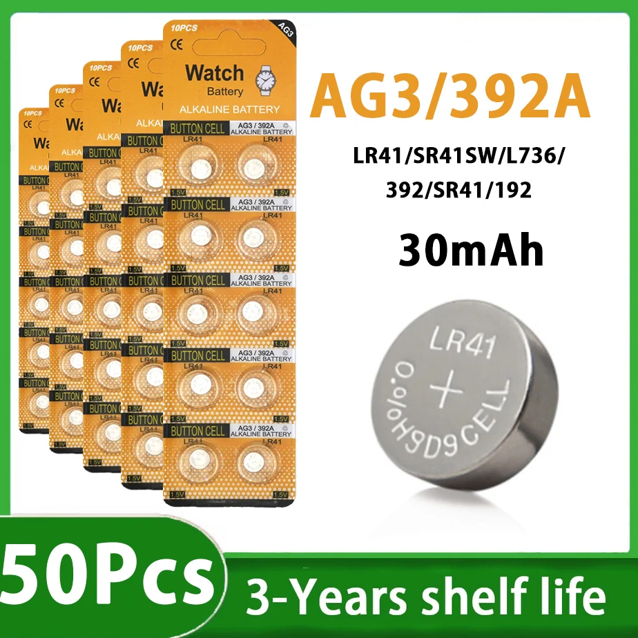 LR41 AG3 1.5V Alkaline Button Cell Batteries - 10-100Pcs High Capacity L736 392 384 Coin Battery for Watches and Medical Devices