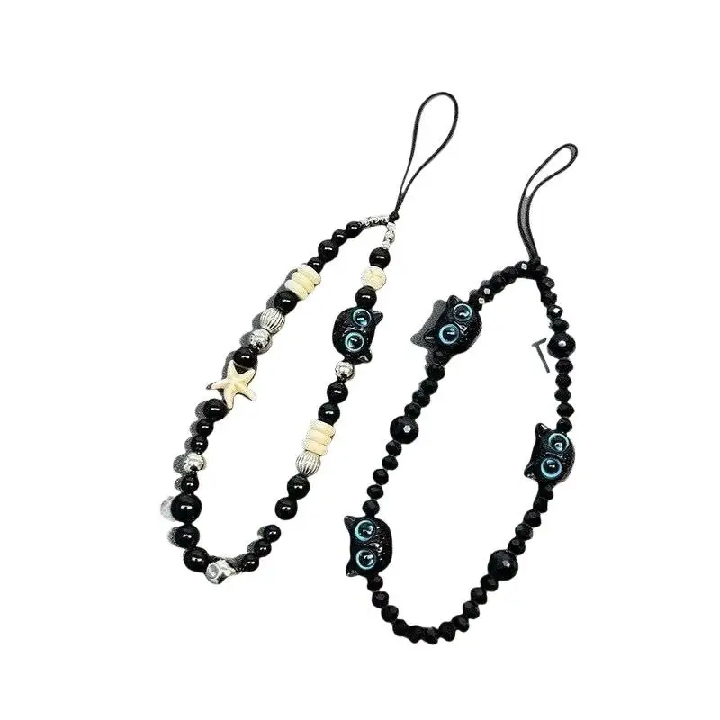 Schwarzes Handy-Lanyard mit Cartoon-Katzen-Motiv, Anti-Verlust-Seil, Handgelenkschlaufe, Perlenarmband-Design, Plüsch-Autoschlüsselanhänger, Taschenzubehör – Detail 7