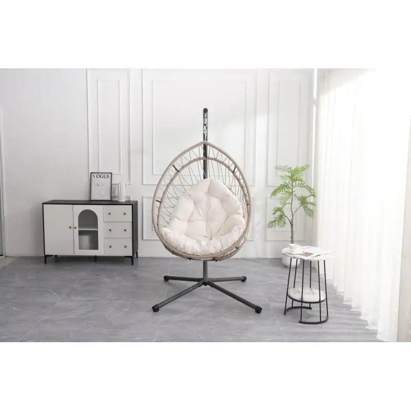 

Outdoor Egg-shaped Hanging Chair with Stand, Patio Swing Chair, Indoor Rocking Chair, Beige Egg Hammock Seat for Relaxation and