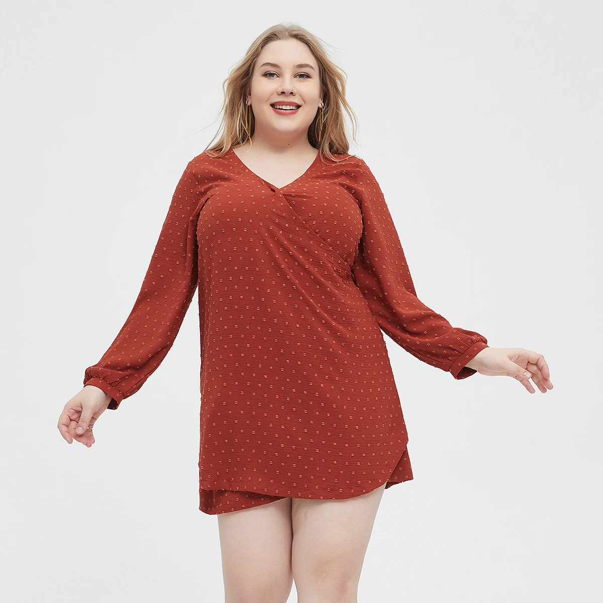 

Plus Size 2024 New Fashion Swiss Dot Solid Dress Casual Polyester V Neck Long Sleeve Dress Women's Plus Size Clothing L055