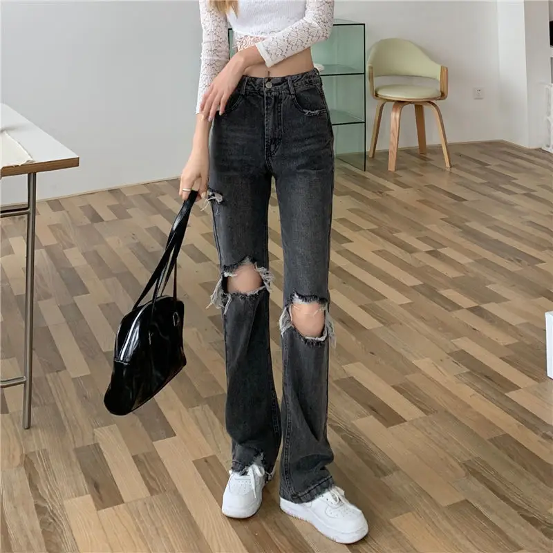 Smoky Grey Women's Jeans with Holes 2022 Spring Summer and Autumn Korean Version New Fashion Straight Leg Wide Leg Pants