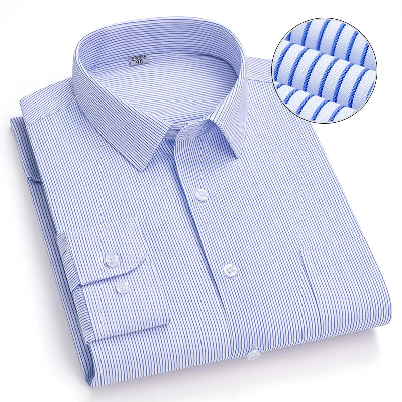 

New In Tops Men's Long-sleeve Striped Cotton Shirts Slim Fit Polyester Single Pocket Business Formal Fashion Male Casual Clothes