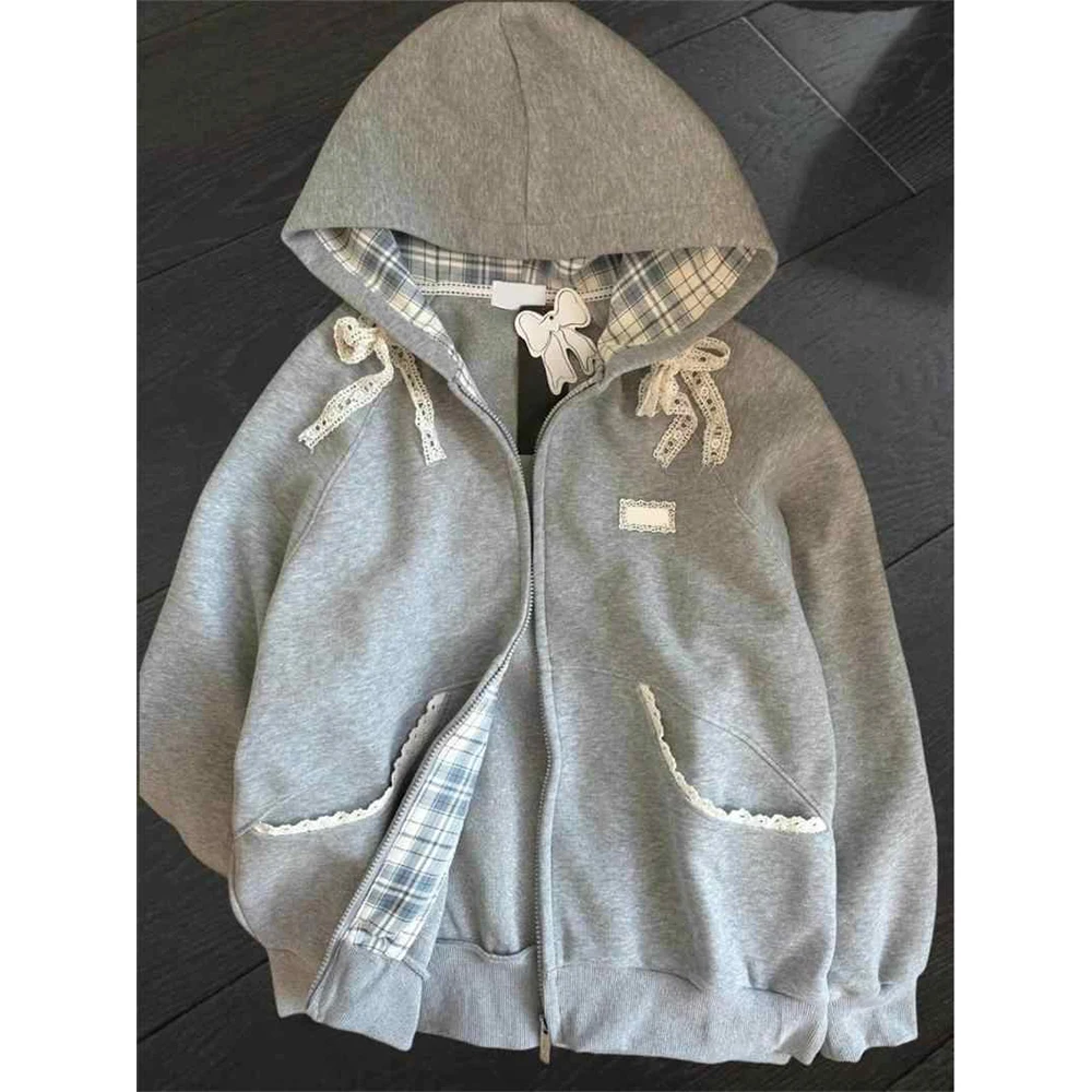 

Женская серая клетчатая толстовка с длинными рукавами и кружевным бантом 90-х годов, винтажная толстовка с длинными рукавами Harajuku 2000-х годов Y2k, осень