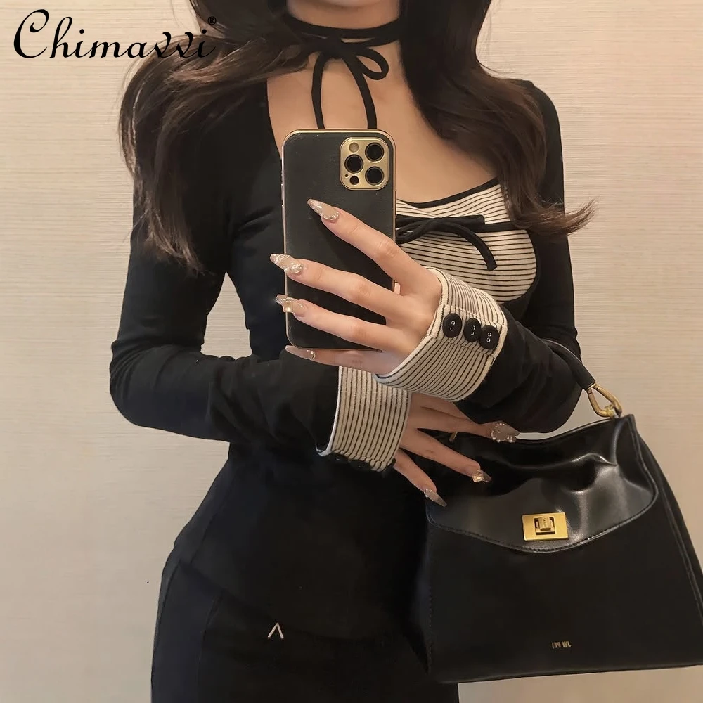 النمط الياباني الصدر المرقعة القوس الديكور تمتد سليم كم طويل محبوك تي شيرت تنورة مجموعة أنيقة المرأة قطعتين مجموعة #4