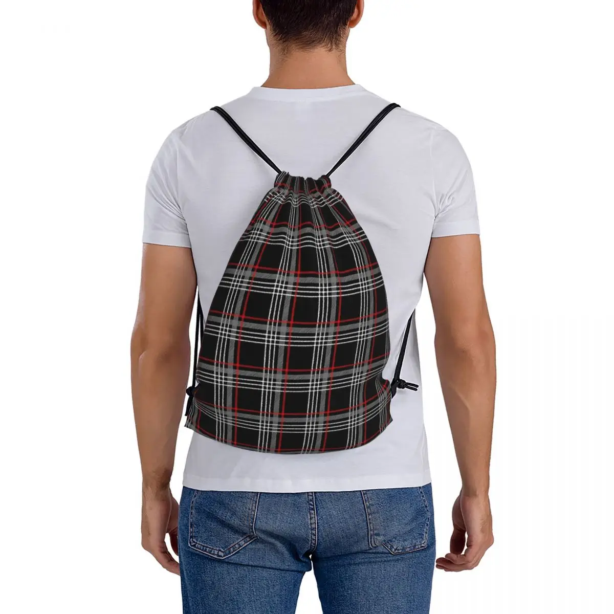 GTI Tartan Backpacks Casual Portable Drawstring Bags Drawstring Bundle Pocket Shoes Bag Book Bags For Man Woman Students