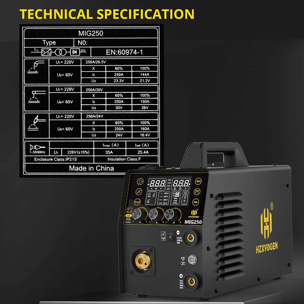

HZXVOGEN MIG250 6 in 1 Aluminum Welder MMA/MIG/Lift TIG/Stick Digital Semi-automatic Inverter Welding Machine Gas Gasless Welder