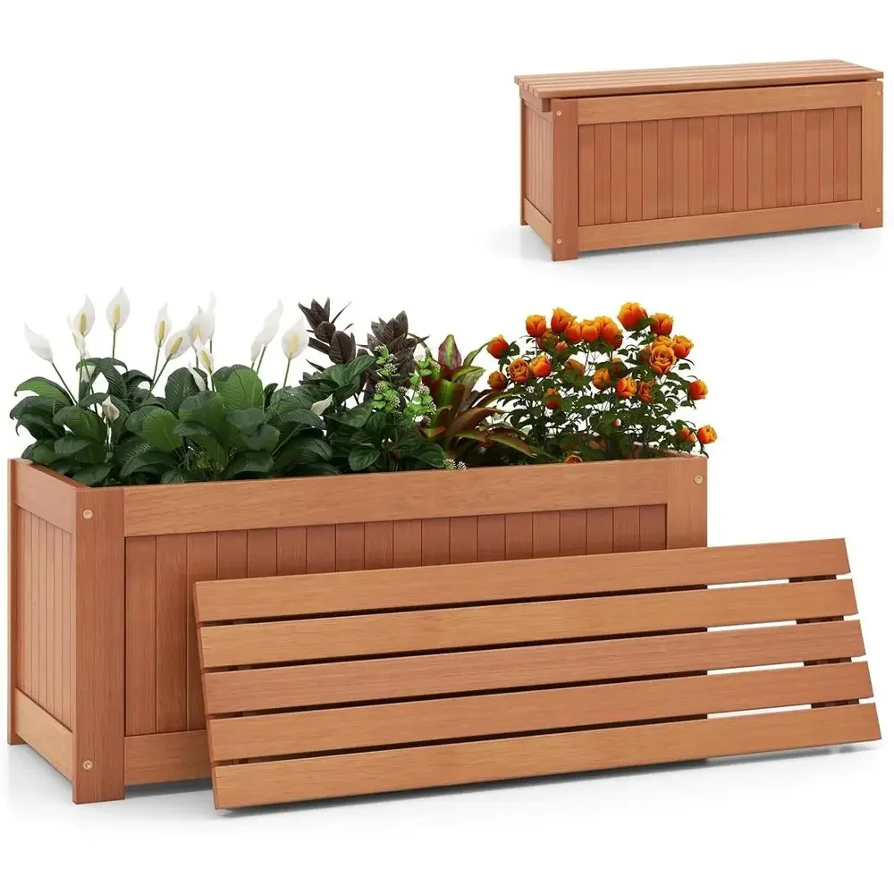 2-in-1 Outdoor Bench and Elevated Garden Bed, Teak Oil Finish, Suitable for Deep Planters and Vegetables, Ideal for Balcony or L