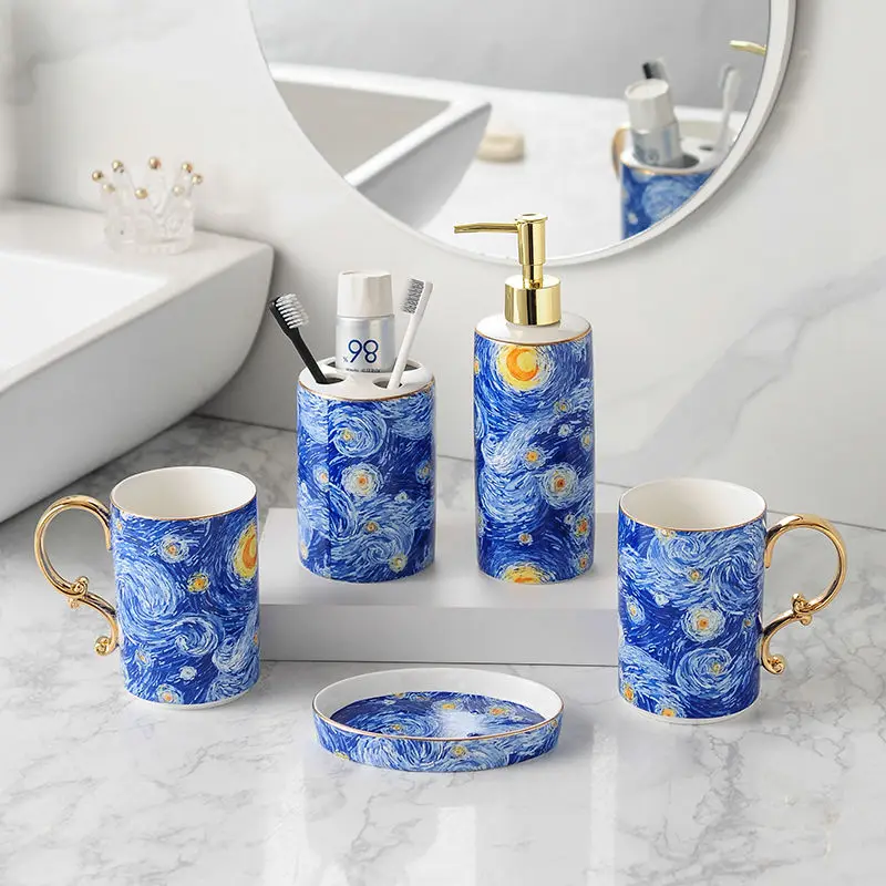 European Ceramic Blue Bathroom Five-piece Set Gold Border Gargle Cup Shampoo Bottle Soap Dish Wedding Gift Bathroom Accessories