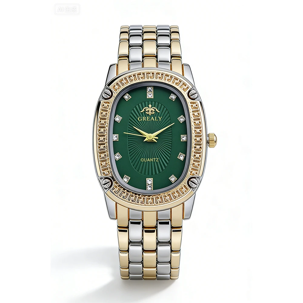 Fashion GREALY Brand Luxury Oval Dial Rhinestone Ladies' Watch Gold Silver Zinc Alloy Quartz Wristwatch for Women