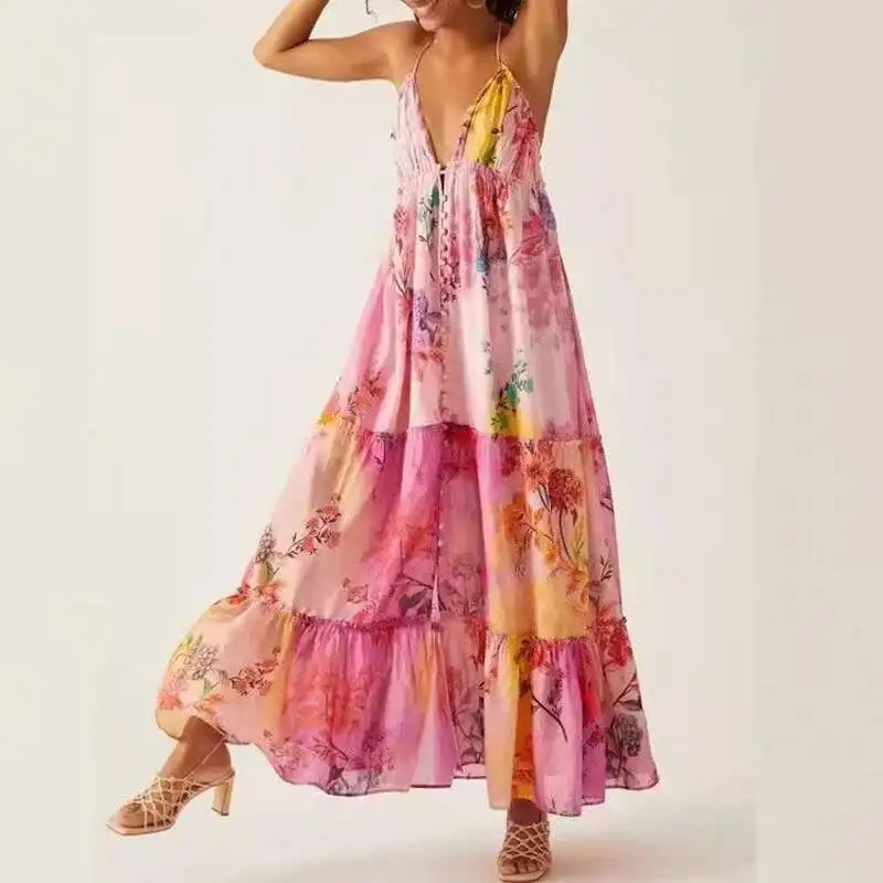 Summer Sleeveless Loose Pleated Long Sexy V Neck High Waisted Bohemian New Beach Vacation Floral Print Women's Dress