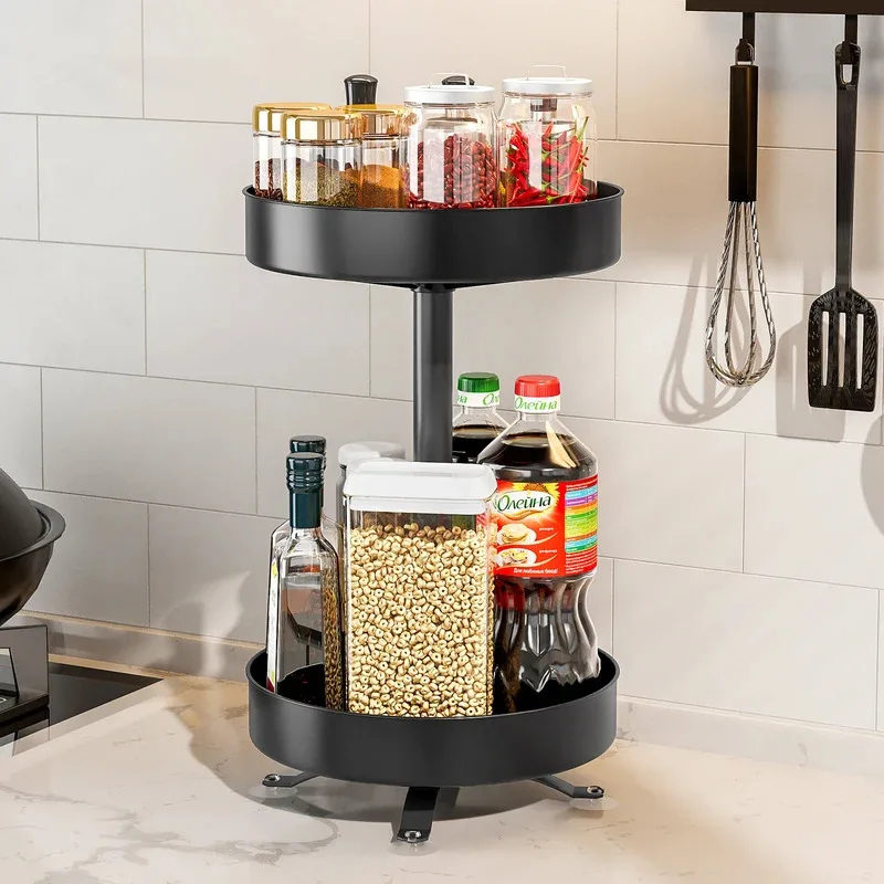 Two-layer rotating spice rack, 360-degree revolving seasoning organizer for jars and bottles, countertop turntable shelf