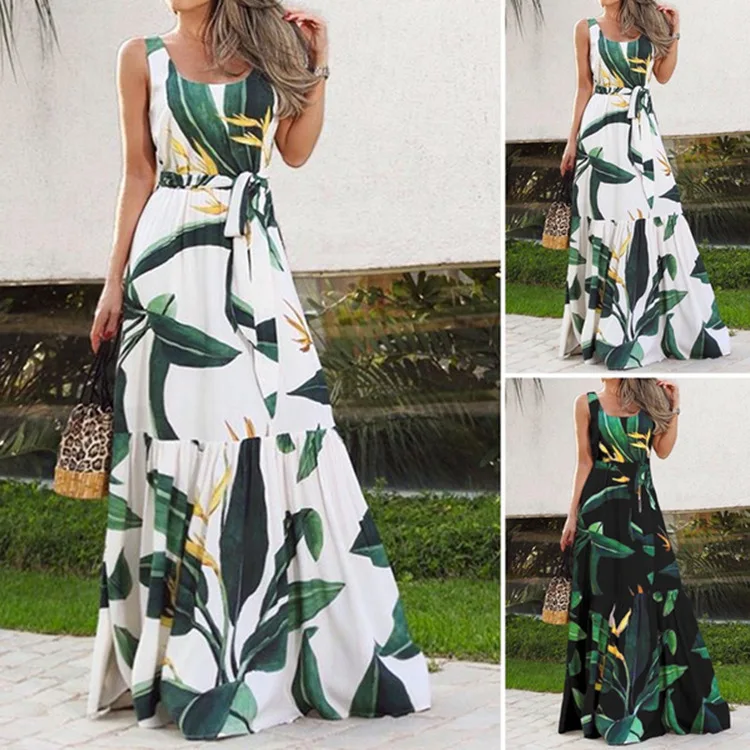 

Plus Size 1xl-5xl Women's Sleeveless Floral Maxi Dresses: Belted Waist Vacation - Style Long Dresses-Elegant and Casual