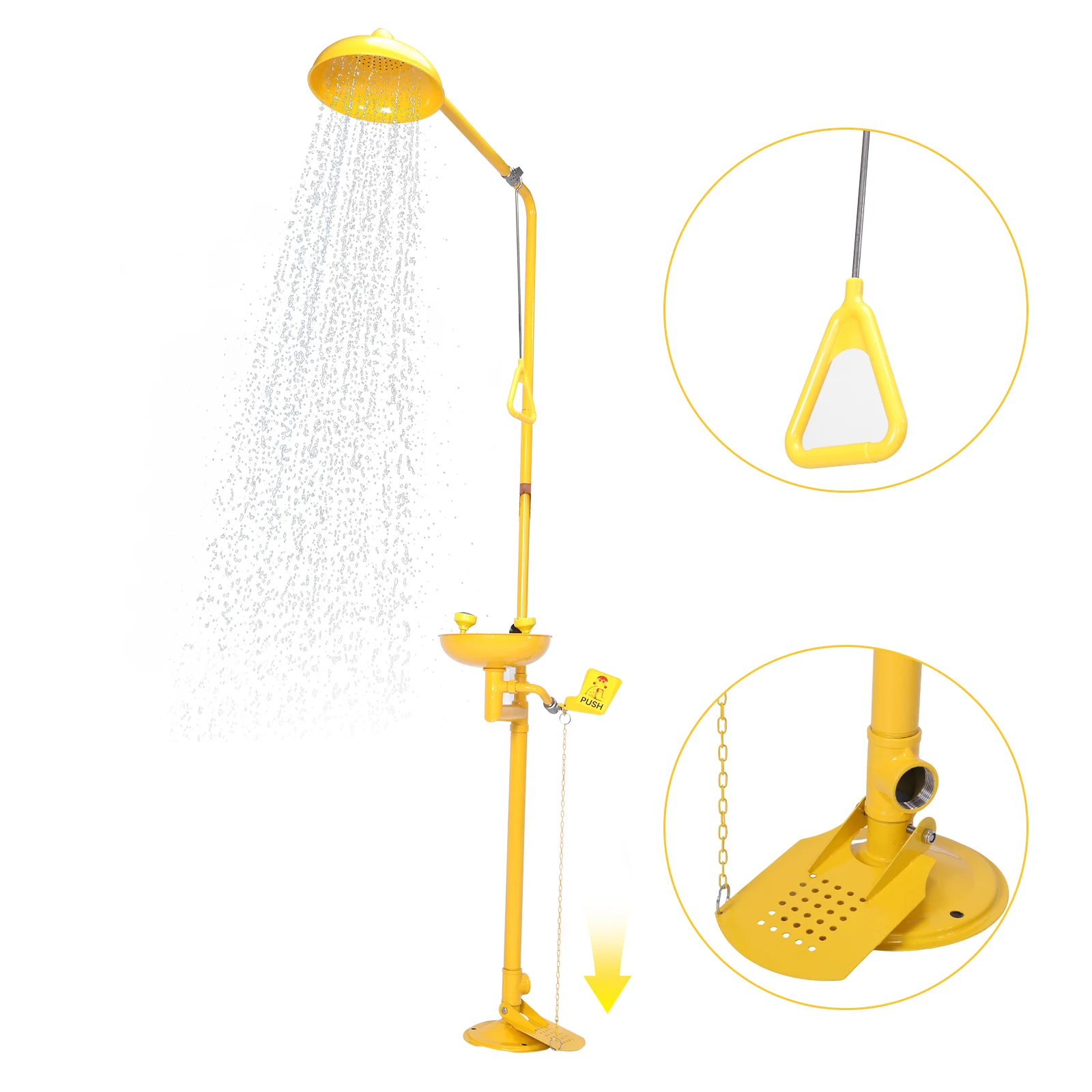 غسالة العين العمودية من الفولاذ المقاوم للصدأ 304 مع دش آمن وغسالة العين مع محطة غسيل العين للإسعافات الأولية بطبقة ABS