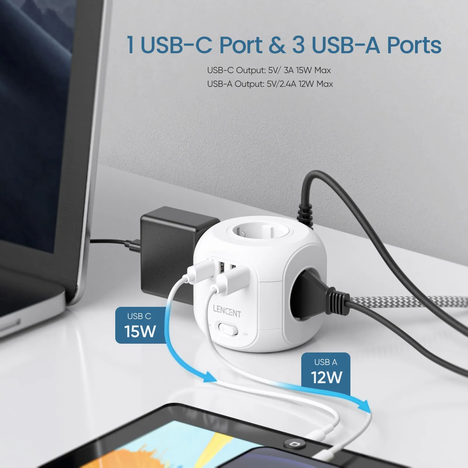 LENCENT EU Plug Power Strip with 4 AC Outlets 3 USB Port 1 Type C 2M/3M Braided Cable Multi Socket with Switch for Home