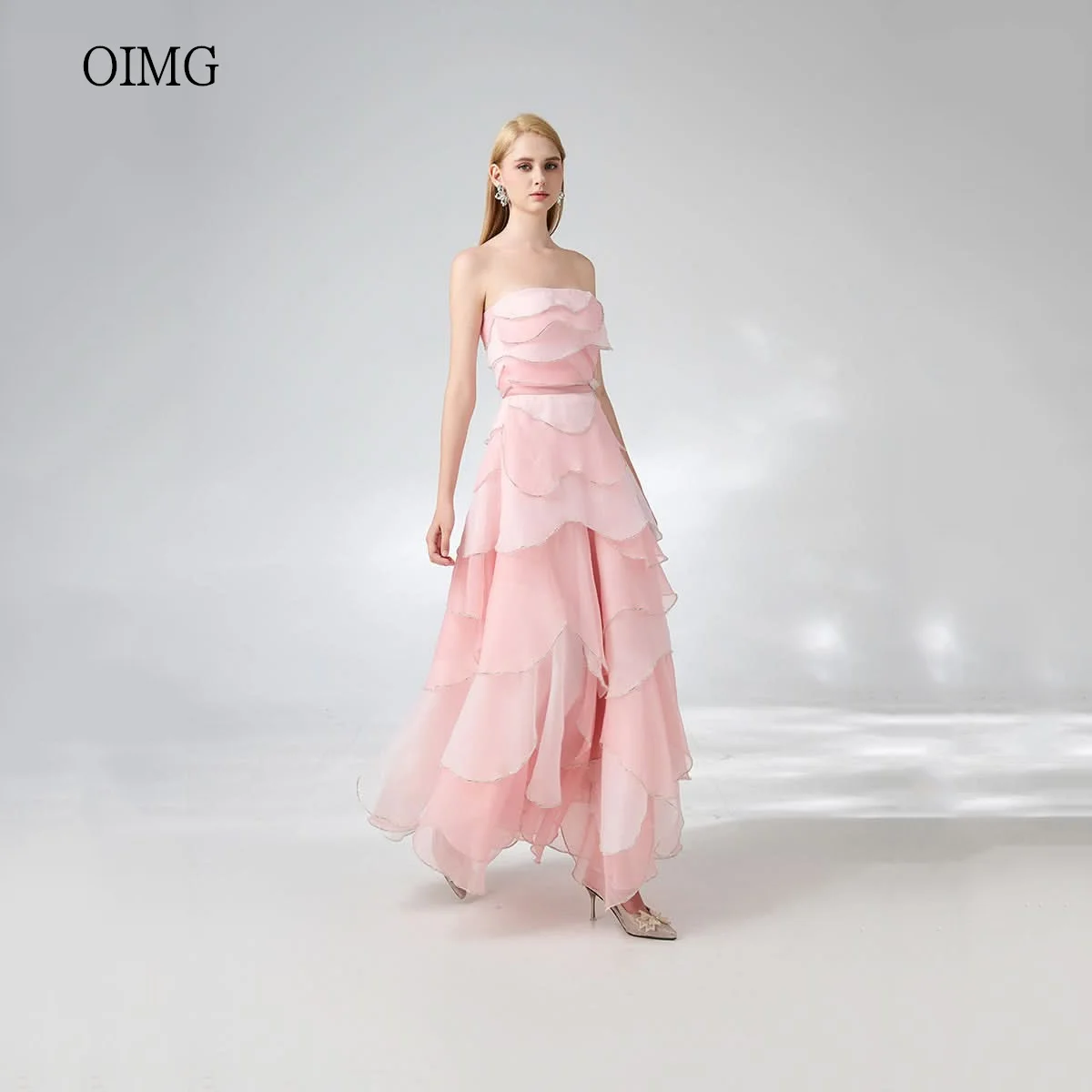 

OIMG Pink Strapless A Line Prom Gowns Backless Multi-layered Party Gown Ankle Length Evening Dress vestidos de festa Customized