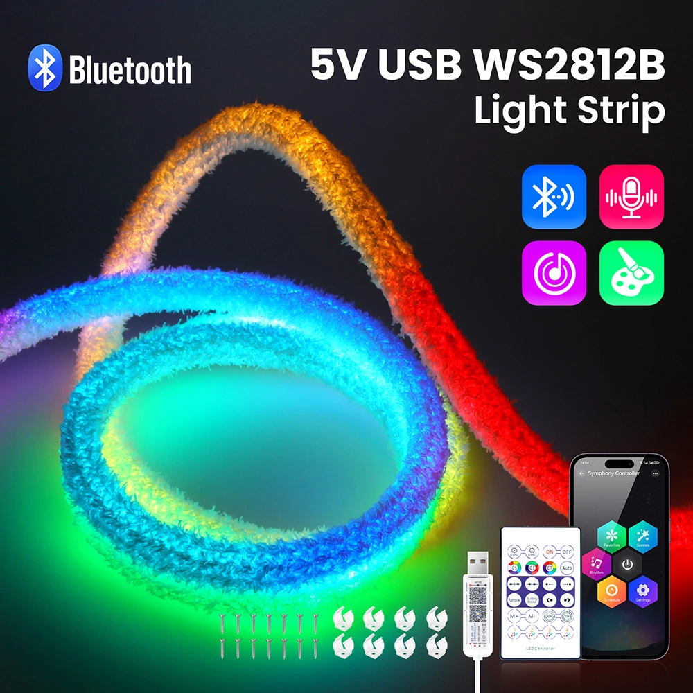 5V USB Fluffy Velvet RGB Rainbow Neon LED Strip Light WS2812B 24Key IR Bluetooth Remote Control 360 Round Tube Decor Waterproof