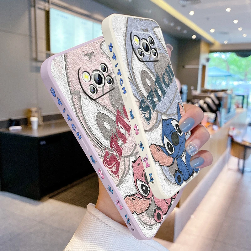 Disney Cartoon Stitch Angel Liquid Left Rope For Xiaomi Mi Poco X5 X4 X3 M6 M5 M5S M4 M3 F5 F4 F3 C55 C40 Pro 5G Cover